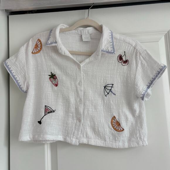 LIFE Women’s Summer Fruit Embroidered Novelty Cropped Button Down Top White S - Picture 1 of 6